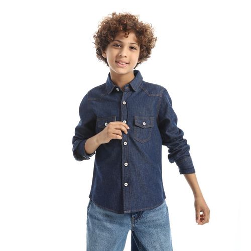 Turn Down Collar Boys Denim Shirt - Navy Blue