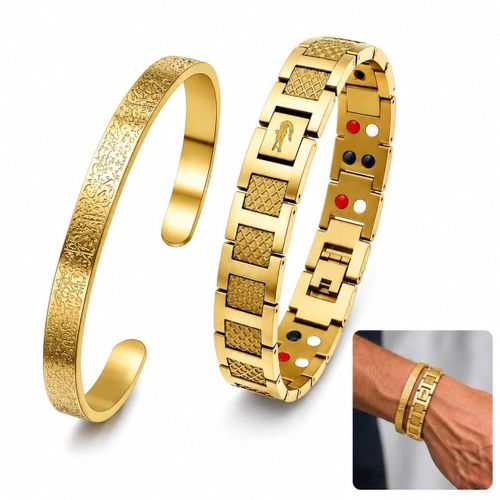 Men's bracelets set of two (stainless steel) in royal gold - one bracelet with a crocodile logo and one classic Ayat al-Kursi bracelet