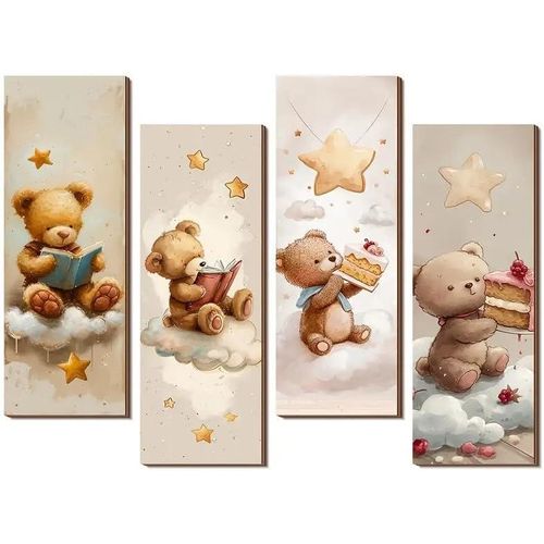 Kids Wall Painting, Set of 4, Cute Bear with Stars, Waterproof Colorful Print, 30*10cm, Suitable for Kids Room