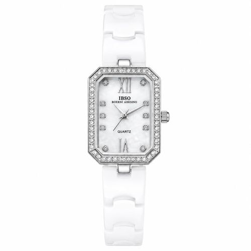 Women’s Quartz Watch – White Ceramic Bracelet, Water Resistant, Rectangular Silver Tone Case with Decorative Stone Bezel