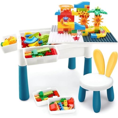 Multi-Functional Kids Building Blocks Activity Table and Chair Set with 72 Pcs Blocks Double-Sided Top Bunny-Ear Stool Storage Bins Study Dining Play Desk for Kids Ages 3+ (38x25.5x28.5cm Table) (Shape & Color May Vary)