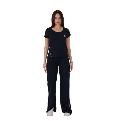 Women's Cotton Sports Tracksuit Set – Short Sleeve T-Shirt & Wide Leg Pants for Running and Training – Dark Blue-Black