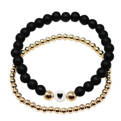 2-Piece Black and Gold Heart Beaded Cable Bracelets Adjustable Fashion Jewelry Set for Women and Girls Stylish Matching Friendship or Couple Bracelet