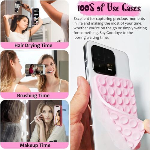 Silicone Suction Phone Holder, Hands-Free Mount with 40 Suction Cups, Reusable for Mirror, Window, Smooth Surfaces (Light Pink)