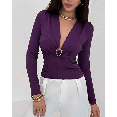 V-Neck Long Sleeve Ruched In Eggplant Purple With Metal Buckle BLOUSE