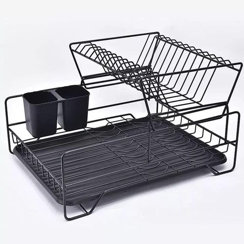 QMYME Dish Drying Rack, Bowl Storage Rack Plate Organizer Counter Rustproof Dish Storage with Cutlery Holder, Removable Drainer Tray(black)