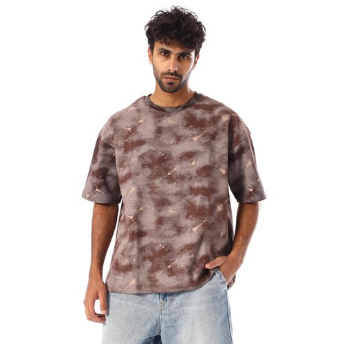 Self Pattern Oversize Cotton T-Shirt - Brown & Grey