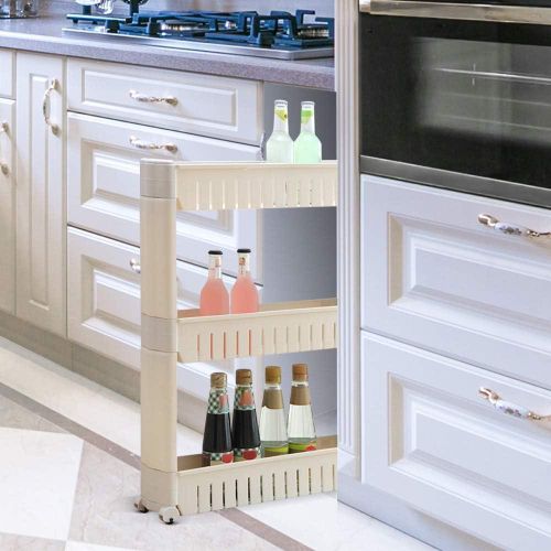 Turbo Organizer 3 Tier Shelves for Kitchen and Bathroom, Plastic White and Beige,Tower Vertical Shelves Space Saving for Organizing and Storing Kitchen and Bathroom Supplies,Movable with Wheels
