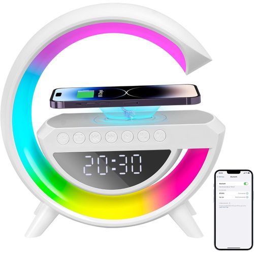 Bluetooth Speaker Lamp with Alarm Clock G Table Lamp with Wireless Charger RGB Colour Changing Light Bedside Lamp for Bedroom Home Decor Gifts for Boy Girl Teen Men Women