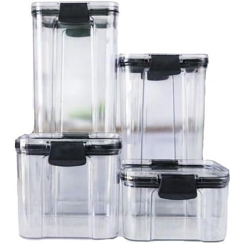 Airtight food storage container set, clear plastic, assorted sizes, multi-colored lids.