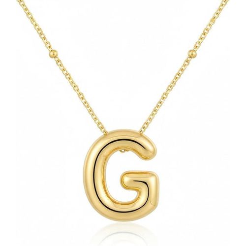 Real gold G-shaped necklace, plated with 18K yellow gold, consisting of 26 letters designed in a new shiny balloon style, large size with letters from A-Z in bubble shapes, necklace in a clavicle bone shape.