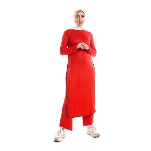 Set Of Side Slit Cotton Top & Comfy Pants - Red