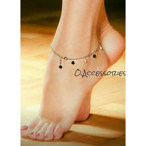 خلخال كريستال أسود مع لؤلؤ أبيض - سلسلة فضية