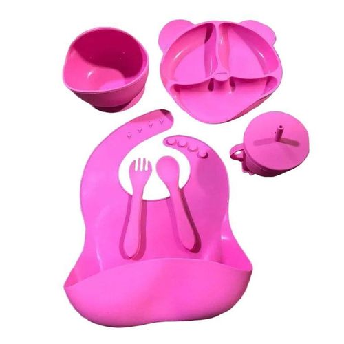 5-Piece BPA-Free Silicone Baby Feeding Set with Divided Plate, Bib and Lidded Cup – Pink