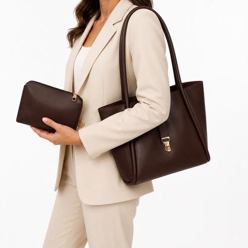 Women’s Shoulder Tote Bag Set with Matching Zipper Pouch, Long Handles and Front Metal Lock for Work and Everyday Use