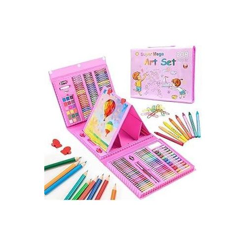 Next Store 208 Piece Drawing Kits for Girls Includes Double Sided Trifold Easel Art Supplies with Oil Pastels, Crayons, Watercolor Pencils Gifts for Kids.