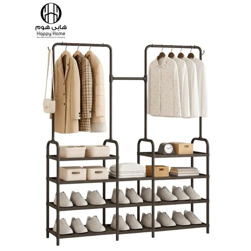 Happy Home Large Clothes Rack with 11 Storage Shelves â€“ Multi-Purpose Garment and Shoe Organizer with 4 Side Hooks, Durable Metal Frame with High-Quality Plastic Hinges, Modern Design for Home, Dormitory, Office and Bedroom