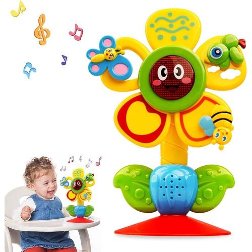 Musical Flower High Chair Toy with Suction Cup - Spinning Light & Sound Rattle Toy for Babies & Toddlers - Interactive Sunflower Table Toy - Baby Feeding Distraction Toy