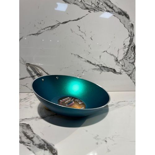 Turkish Granite Wok Pan - 30 cm Deep Stir-Fry Pan -Turquoise - with Stainless Steel Handle