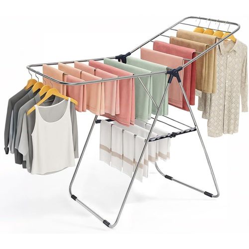 Clothes Drying Rack, Stainless Steel Gullwing Space-Saving Laundry Rack, Foldable for Easy Storage, for Bed Linen, Clothing, Socks, Scarves, Black