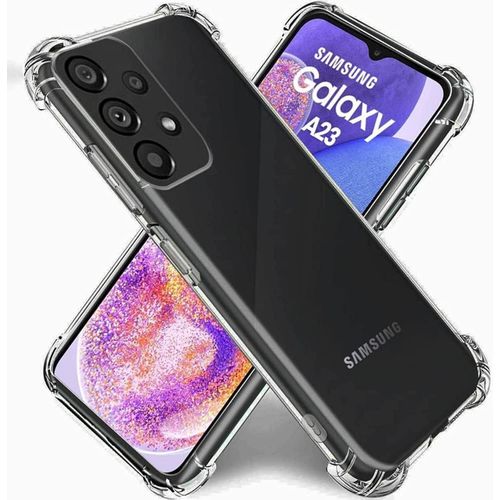 A transparent case for the Samsung Galaxy A23 made of soft clear TPU silicone gel a shock-absorbing protective case with reinforced corners for the Samsung Galaxy A23.