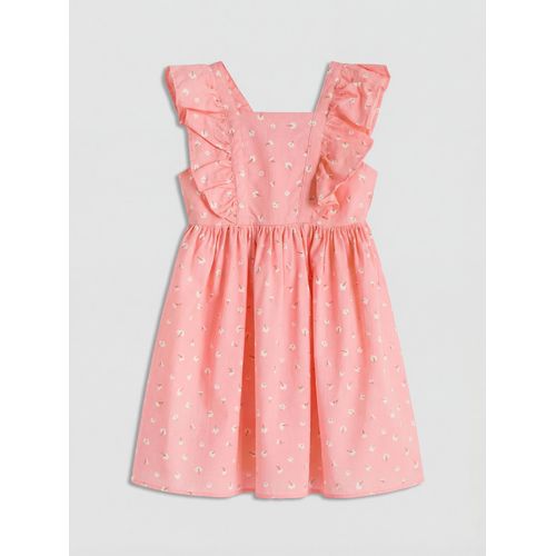 Ruffled Square Neck Printed Girl's Poplin Dress