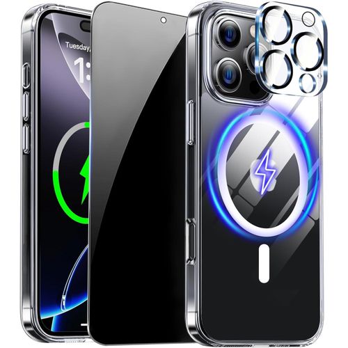 جراب مغناطيسي شفاف لموبايل ايفون 16 برو ماكس مع واقي شاشة للخصوصية وغطاء كاميرا كامل متوافق مع ماج سيف مضاد للصدمات لموبايل ايفون 16 برو ماكس شفاف