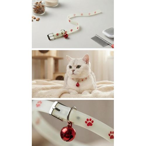 A cat collar featuring a paw-print pattern and a shiny bell that helps you easily keep track of your cat it is adjustable to fit cats of various sizes.