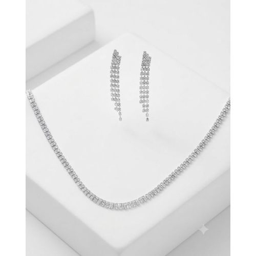 Platinum-Plated Elegant Multi-Strand Rhinestone Necklace and Tassel Earrings Set