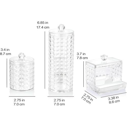 Storage Bins - Acrylic Bathroom Organizer with Lids, Makeup Storage Bathroom Organizer with Cotton Pad Holder, Cotton Swab Holder, Wool and Cotton Holder, Set of 3