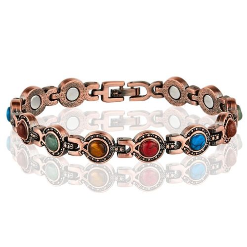 Magnetic copper medical bracelet - adorned with colorful stones and a sophisticated vintage design - for pain relief and improved energy levels.