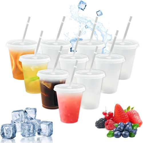 10Pcs Plastic Cups with Lids and Straws 480ml 16oz Reusable Party Drinking Tumblers BPA Free Kids Adults White Cold Water Cup for Iced Coffee Smoothie Milkshake Juice Ideal for Travel Camping Picnic