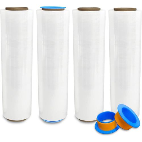 4 Rolls x 18 x 1500 FT x 80 Gauge Clear Non-Stretch Heavy Duty Stretch Wrap Shrink Film for Shipping Packaging Moving Packing Trucking Logistics - Thicker Extra Durable Film - Free Wrap Holder