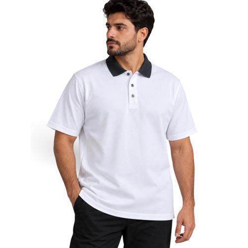 Men’s White Polo Shirt with Dark Grey Collar – Short Sleeve – Plain, No Pocket – Classic Smart Casual Wear