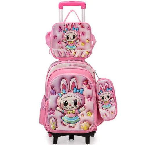 Girls' school bags with wheels, pencil case and lunch bag - ideal for school and trips, comfortable and lightweight with multiple pockets