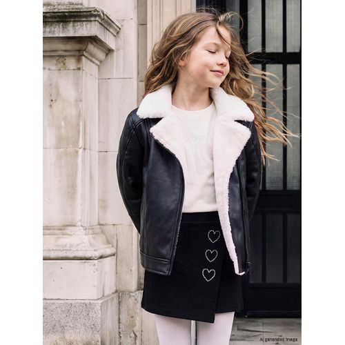 Plush Collared Faux Leather Look Girl's Coat