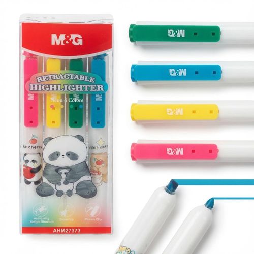 Chenguang Retractable Highlighter Set – 4 Neon Colours, Chisel Tip, Quick-Dry Ink, Panda Design, Retractable Highlighters for School, Office & Study - No: AHM27373