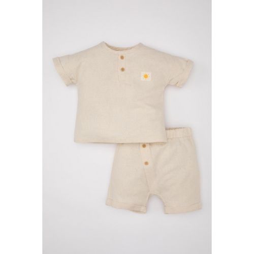 Baby Boy Button Neck Regular Fit Woven Set - Beige