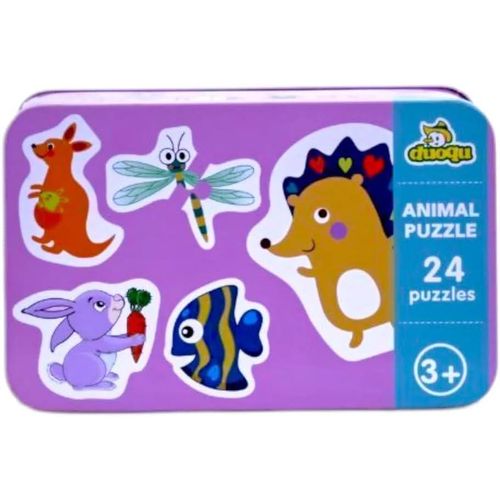 This animal puzzle game for children contains 24 wooden pieces inside a pink tin box to develop concentration and visual discrimination. Suitable for ages 3 and up.