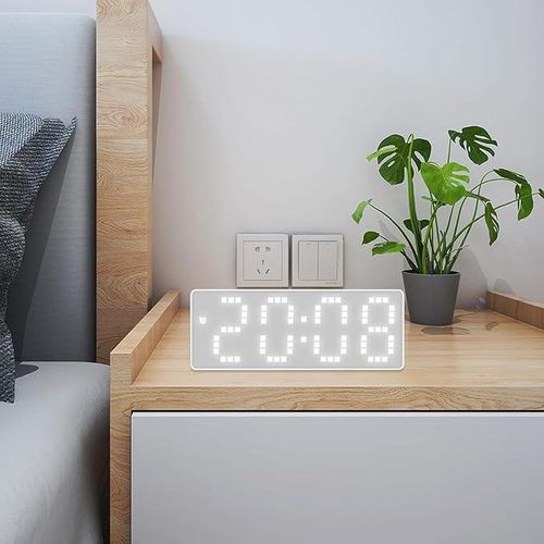 Digital alarm clock with reflective display and adjustable brightness desk table clock with snooze temperature date and time modern multi functional clock for bedroom office and students easy to use (white)