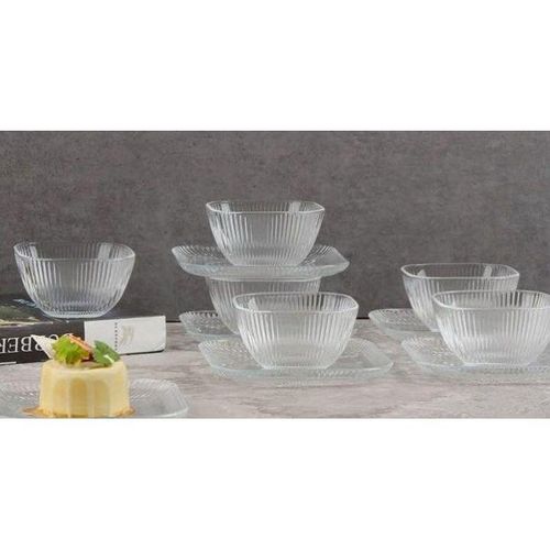 Ribbed design dessert set - perfect for muhallebi, fruits, nuts, and sweets. Set includes 6 bowls and 6 plates.