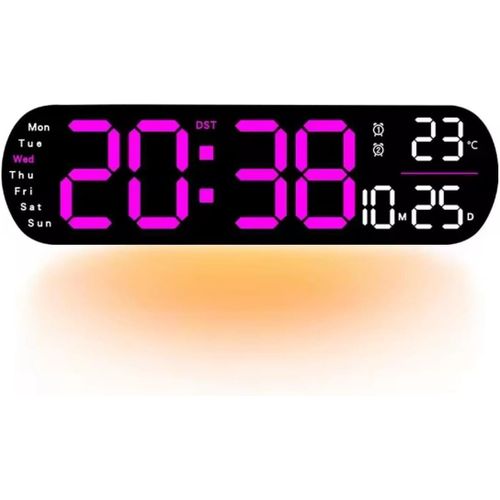Market Kado LED Digital Wall Clock with Remote Control, 12/24 System, Temperature and Date Display, 35 x 10 x 3 cm, Black with Rose Light, with 8 Different Colors Under Clock Lights (Pink)
