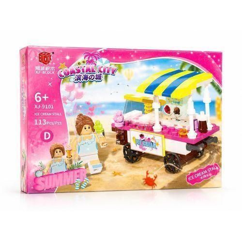 XJ-BLOCK Coastal City Summer Series Ice Cream Stall Building Blocks Toy Set - Beach Ice Cream Cart Model Kit with 113 Pieces and Mini Figures for Kids Ages 6+ (Model XJ-9101 D)
