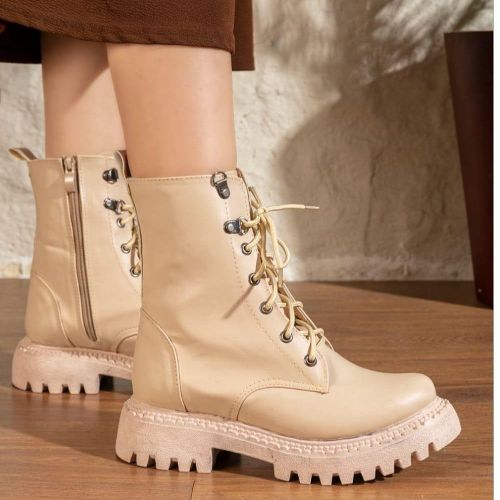 Womens Comfortable Lace-Up Half Boot - beige