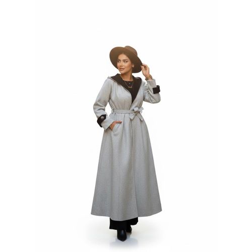 Women's Long Coat in Luxurious Light Gray and Black Wool. Elegant Winter Design with a Waist Belt and Sophisticated Details. One Size Fits Up to 85 kg.