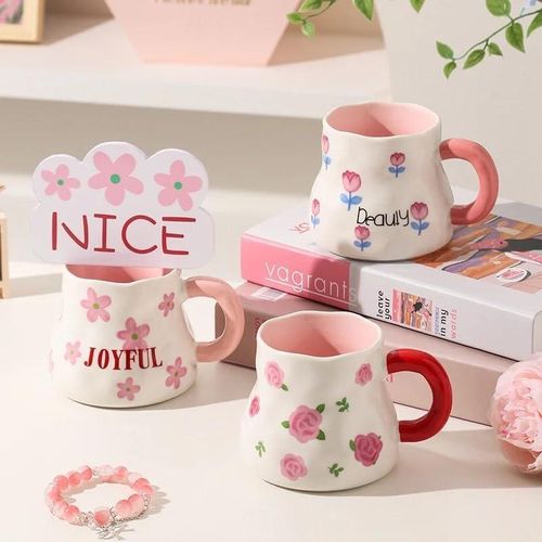 Next Store Hand Painted Floral Porcelain Mug Modern Coffee Mug Aesthetic Elegant Design Premium Ceramic Mug for Home Office (Pink)