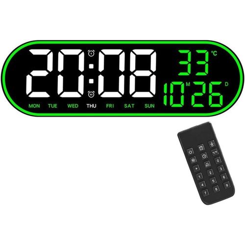 Large oval digital LED wall clock with remote control - smart alarm, green ambient light, date display, day of the week, and temperature