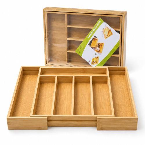Expandable Bamboo Cutlery Drawer Organizer 7 Compartment Adjustable Tray 42 x 35 cm - 4-5