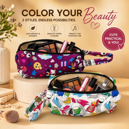 2 Multi-Purpose Waterproof Makeup Bags - Cosmetic Bag with Zipper & Wrist Strap - Practical Organizer for Travel, University & Work - Modern Design