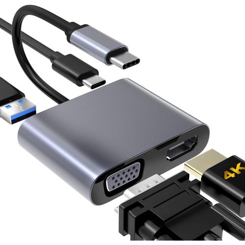 Elkemoga USB-C to VGA HDMI Adapter, 4-in-1 Type-C to 4K HDMI/VGA/USB 3.0/USB-C PD Multiport Charging Hub Adapter Compatible with MacBook Pro/Air, Nintendo, Dell, HP, Samsung S8/S9, Huawei P30 and More